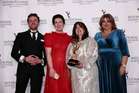 Writer, Creator and Executive Producer Lisa McGee and Executive Producer Liz Lewin pose with the Best Comedy award for "Derry Girls - Season 3" at the 51st International Emmy Awards at New York Hilton Midtown in New York City on Monday, November 20, 2023. Photo: International Academy of Television Arts & Sciences.