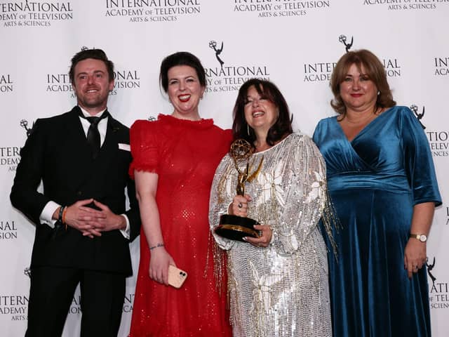 Writer, Creator and Executive Producer Lisa McGee and Executive Producer Liz Lewin pose with the Best Comedy award for "Derry Girls - Season 3" at the 51st International Emmy Awards at New York Hilton Midtown in New York City on Monday, November 20, 2023. Photo: International Academy of Television Arts & Sciences.