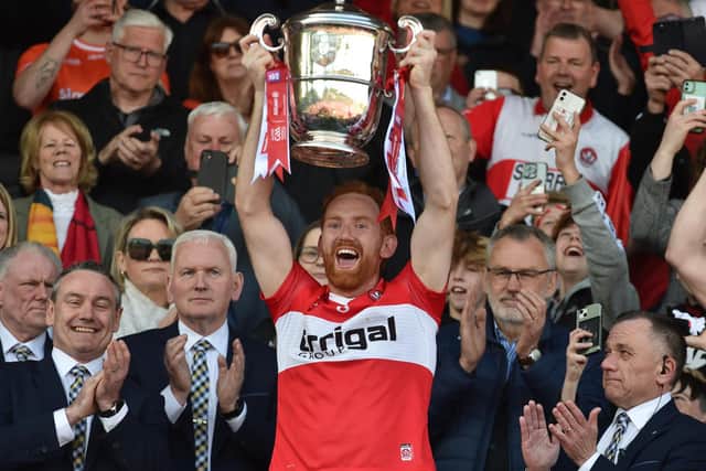 Derry captain Conor Glass raised the Anglo Celt Cup in Clones on Sunday. (Photo: John Merry)