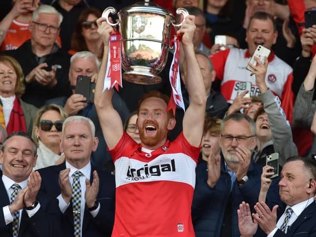 Derry captain Conor Glass raised the Anglo Celt Cup in Clones on Sunday. (Photo: John Merry)