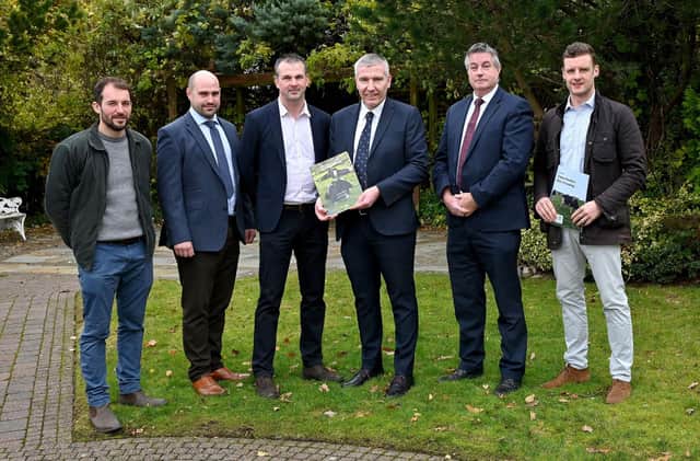 Delegates from across the dairy sector and beyond, came together for the final EU Sustainable Dairy Symposium, hosted by the Dairy Council for Northern Ireland. The event speakers, pictured from left to right: Farmers David Thompson, John Oliver, and Mark Blelock with DCNI Chief Executive Ian Stevenson, George Moffett from DAERA, and Dr Jonny Bell from RSPB.