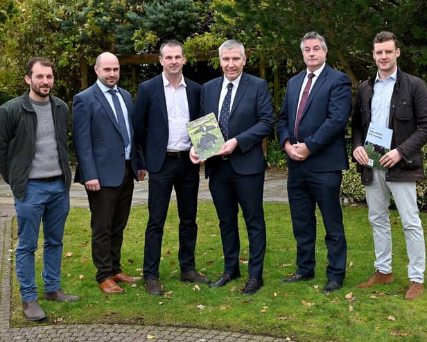 Delegates from across the dairy sector and beyond, came together for the final EU Sustainable Dairy Symposium, hosted by the Dairy Council for Northern Ireland. The event speakers, pictured from left to right: Farmers David Thompson, John Oliver, and Mark Blelock with DCNI Chief Executive Ian Stevenson, George Moffett from DAERA, and Dr Jonny Bell from RSPB.
