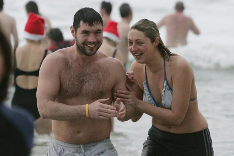 New year day swimmers at Warren Beach, Culdaff, Co. Donegal braved the atrocious weather in aid of Alzheimers Society. pic. Joe Boland : Dozens of fearless New Year’s Day dippers dive into the North Atlantic at Culdaff as part of the annual festive tradition in 2005.