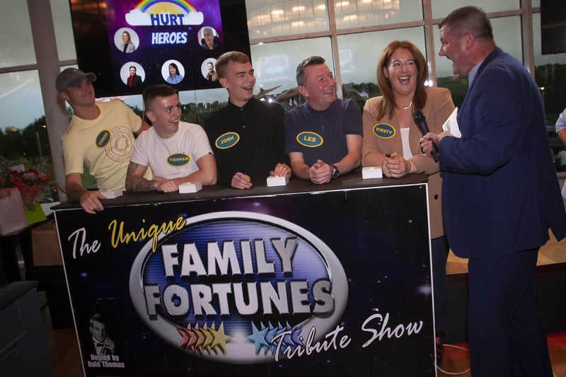 The Magnet Bar team - from left, Conor Coyle, Tiernan Glennon, Joshua Willox, Les Masterson and Kirsty Coyle are put through their paces by quizmaster Conga McBride at the Hurt Family Fortunes Charity Drive on Friday night at Link 48. (Photos: Jim McCafferty Photography)