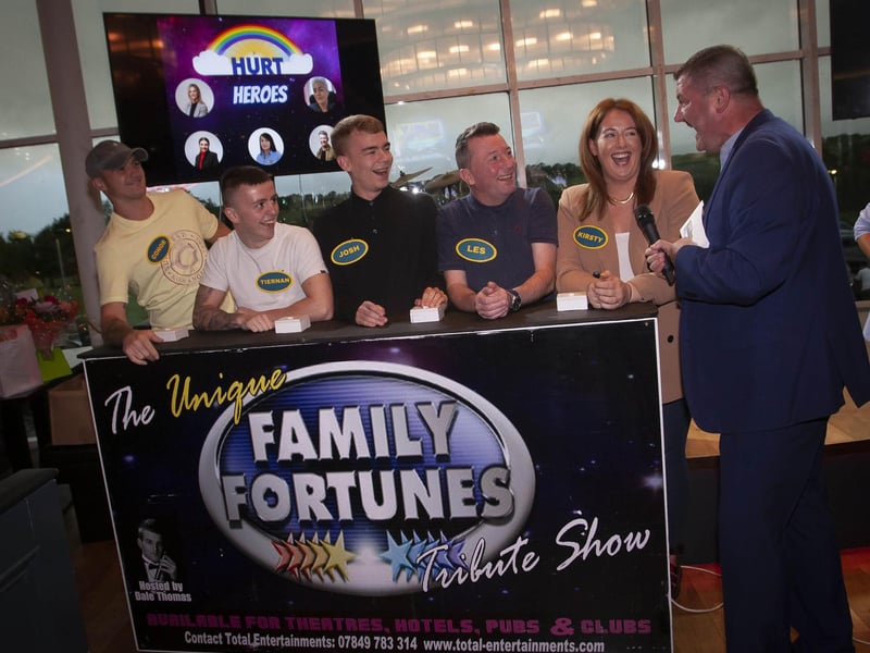 The Magnet Bar team - from left, Conor Coyle, Tiernan Glennon, Joshua Willox, Les Masterson and Kirsty Coyle are put through their paces by quizmaster Conga McBride at the Hurt Family Fortunes Charity Drive on Friday night at Link 48. (Photos: Jim McCafferty Photography)