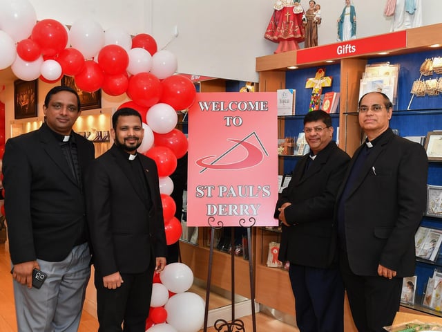 Members of the Society of St Paul, a religious congregation for men dedicated to the apostolate of the mass media, pictured at the official opening of St Paul’s book and gift shop on Shipquay Street. From left are Fr Sebastian, Fr Thomas, Fr Gilbert and Fr Paul. Photo: George Sweeney