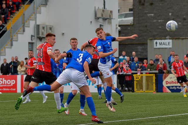 Brandon Kavanagh heads home Derry City’s second goal against Treaty United. Photo: George Sweeney.  DER2242GS – 002