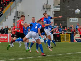 Brandon Kavanagh heads home Derry City’s second goal against Treaty United. Photo: George Sweeney.  DER2242GS – 002