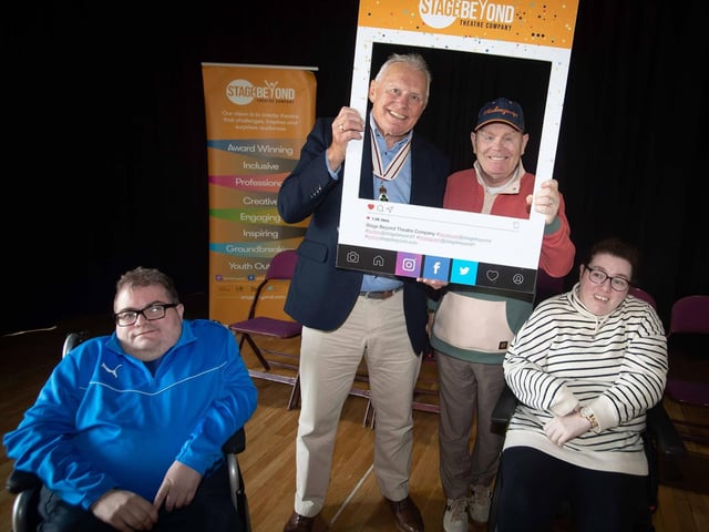 Lord Lieutenant Ian Crowe pictured with Stage Beyond and company members Frank Nelis (in frame) Darren Bond and Bernadette Foley