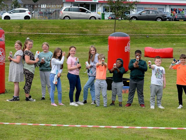 The ‘magnificent eleven’ ready for action at the recent Galliagh Community Fun weekend. Photo: George Sweeney. DER2121GS – 089