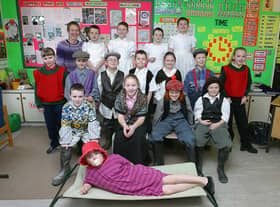 Class P5 pupils at Greenhaw Primary School who staged a play about Fionn McCool as part of their Geography and History Cirriculum. Included is their class teacher Ms Daisy Mules. (1103T01)
