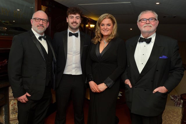 Past president of City of Derry RFC Michael O’Kane, Club Captain Alex McDonnell, Diane Nixon, President of City of Derry RFC, and Jim Neilly MBE, Guest Speaker and BBC Sports Commentator pictured at the City of Derry Rugby Club’s annual dinner on Friday evening last. Photo: George Sweeney. DER2310GS – 38