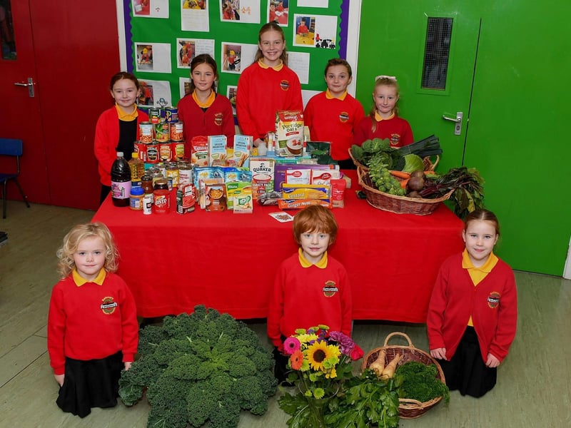 Pupils from Ballougry Primary School pictured at the Harvest Assembly and Food Bank held in the school on Wednesday morning. Photo: George Sweeney
