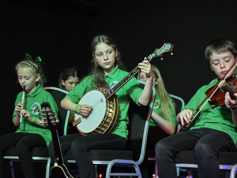 Young musicians playing during the Fleadh Mhór Dhoíre Céili Bands competition held in Studio 2. Photo: George Sweeney