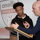 The Foyle Cup's Philip Devlin conducts a Q&A with the 2024 O'Neill's Foyle Cup special guest, Liverpool FC's Trent Kone-Doherty during Friday's launch in the Waterfoot Hotel, Derry.