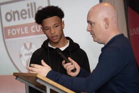The Foyle Cup's Philip Devlin conducts a Q&A with the 2024 O'Neill's Foyle Cup special guest, Liverpool FC's Trent Kone-Doherty during Friday's launch in the Waterfoot Hotel, Derry.