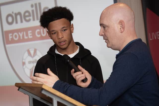 The Foyle Cup's Philip Devlin conducts a Q&A with the 2024 O'Neill's Foyle Cup special guest, Liverpool FC's Trent Kone-Doherty during Friday's launch in the Waterfoot Hotel, Derry.