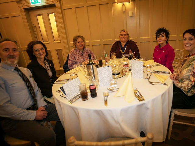 Mary Crumley pictured with her husband Cathal, Rosemary O'Doherty, Delma Boggs, President, Derry Credit Union, Patricia Doherty, Vice President, Irish League of Credit Unions and Jennifer Turner at Tuesday's function in the Bishop's Gate Hotel, Derry. (Photos: Jim McCafferty Photography)