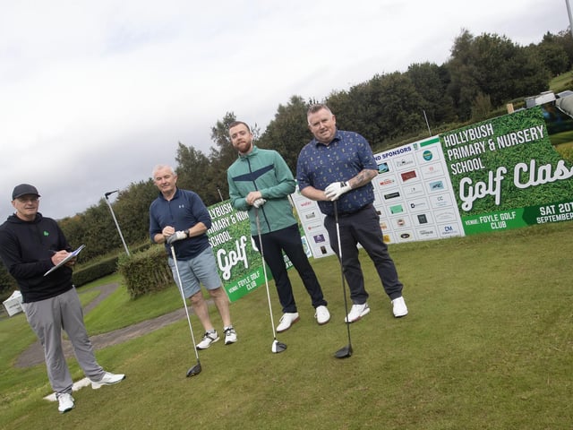 Official starter Andy McDermott gets one of the three balls away on the first tee on Saturday. (Photos: Jim McCafferty )