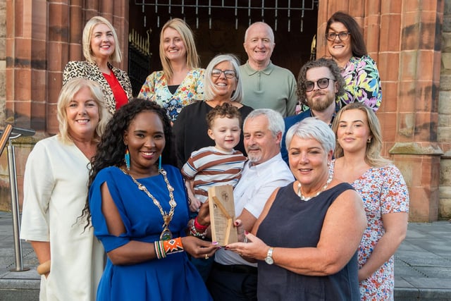 The Mayor Councillor Lilian Seenoi-Barr pictured with Karen Boyd, St Thérèse's Primary School during a reception with her family and friends to mark her retirement from teaching. Picture Martin McKeown. 28.08.24
