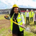 The Mayor of Derry and Strabane, Councillor Lilian Seenoi Barr cutting the first sod of the new stand at the Ryan McBride Brandywell Stadium. Included, from left are  Frank Morrison, Head of Strategic Capital Projects, Derry City and Strabane District Council, Steve Setterfield, Strategic Leisure Project manager, Derry City and Strabane District Council, Roisin Crawford, DMAC Consultant Engineering, Bert Martin, secretary, Derry City FC, and Darren McKelvey, McKelvey Construction.