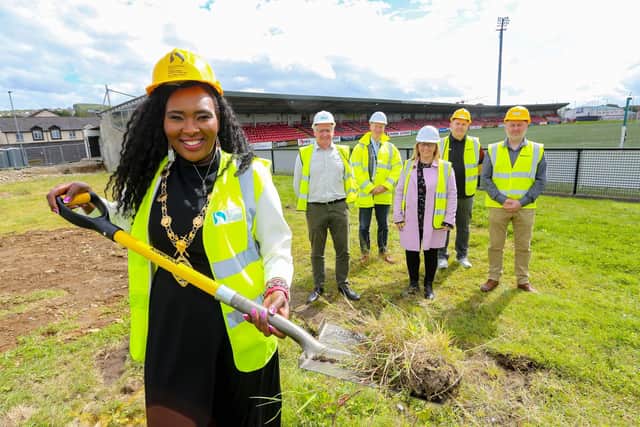 The Mayor of Derry and Strabane, Councillor Lilian Seenoi Barr cutting the first sod of the new stand at the Ryan McBride Brandywell Stadium. Included, from left are  Frank Morrison, Head of Strategic Capital Projects, Derry City and Strabane District Council, Steve Setterfield, Strategic Leisure Project manager, Derry City and Strabane District Council, Roisin Crawford, DMAC Consultant Engineering, Bert Martin, secretary, Derry City FC, and Darren McKelvey, McKelvey Construction.