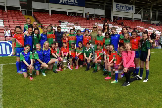 The Doire Trasna contingent who played for some of the local primary schools at last week's Tower Cup Girls' finals. Photo: George Sweeney.  DER2321GS – 137