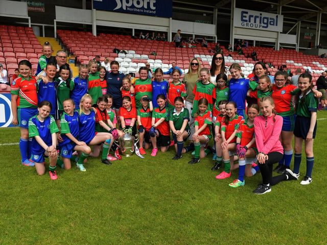 The Doire Trasna contingent who played for some of the local primary schools at last week's Tower Cup Girls' finals. Photo: George Sweeney. DER2321GS – 137