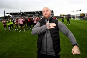 Derry City interim manager Mark Connolly celebrates following the Club Orange Men's FAI Cup semi-final match between Galway and Derry City at Eamonn Deacy Park in Galway. Photo by Stephen McCarthy/Sportsfile