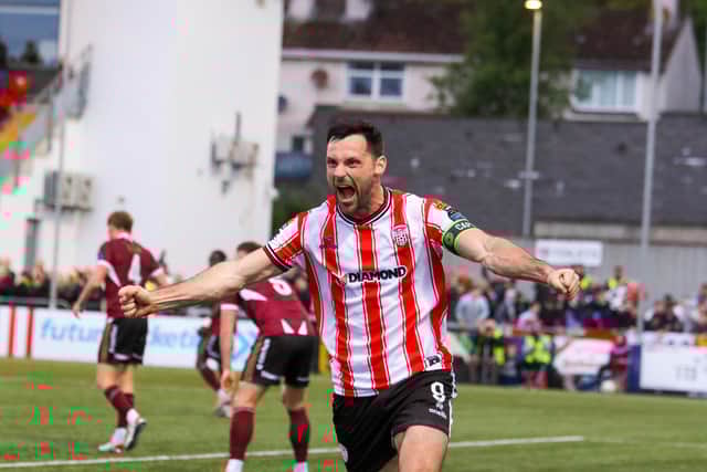 Derry City striker Pat Hoban celebrates his 11th goal of the season in the win against Galway on Friday night. Photograph by Kevin Moore.