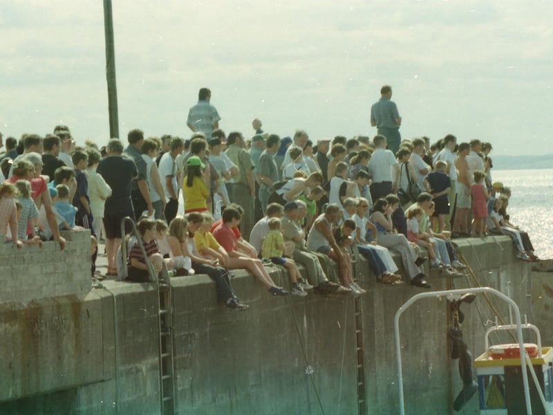 A large crowd on the quayside viewing the Moville raft race.