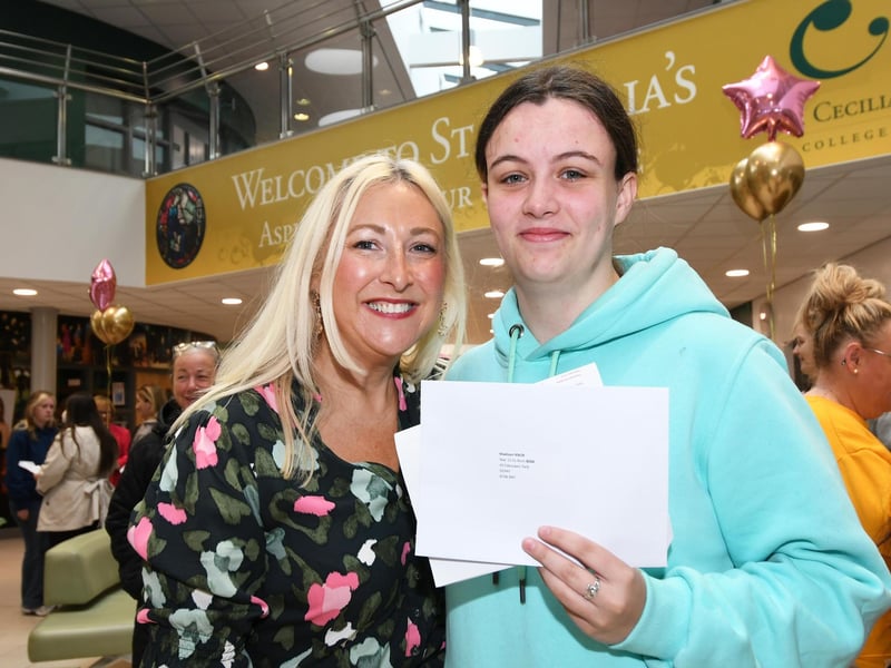 Madison Knox pictured with Stacey Beatty, Vice-Principal, when she collected her 'A' Level results at St. Cecilia's College.