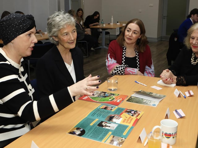 Irish President Catherine Connolly chatting with St. Columb’s Park House staff during her visit to St. Columb’s Park House to meet with YouthAction NI, on Friday. (Photo - Tom Heaney, nwpresspics)