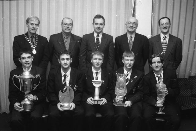 Seated, from left, are Gareth Ramsey (Jack McCauley Award for Economics), Kevin McCauley (Art and Design Prize), Dean Martin (Art and Design Historical and Critical Studies Prize), Jim McNamara (Desmond Prize for Computer Studies) and Kieran Dunne (Eurocentre Prize for Businesses) at the St. Columb's College prize-giving, Back, from left, Mr. Kevin Doherty, President of St. Columb's College Union, Mr. Malachy McGonagle, Head of Art and Design, Mr. Brendan Dowdall, manager, First Trust Bank, Racecourse Road, Mr. Patrick Kelly, Board of Governors, and Mr. Martin McIlveen, Head of Sixth Form.