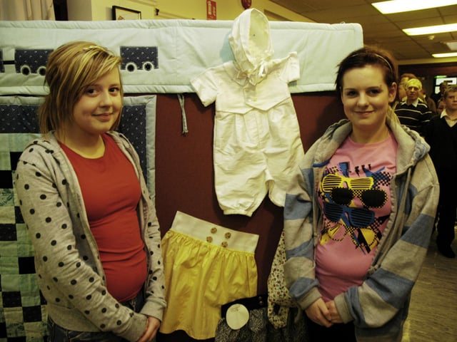 Shauna McSheffrey, Serena Doherty from the Youth Sewing Class pictured next to their work at Eden Place Arts Exhibition.0804PGILL05