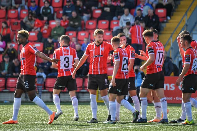 Derry City players celebrate Will Patching,' goal against Athlone. Photo: George Sweeney