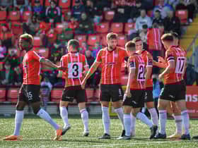 Derry City players celebrate Will Patching,' goal against Athlone. Photo: George Sweeney