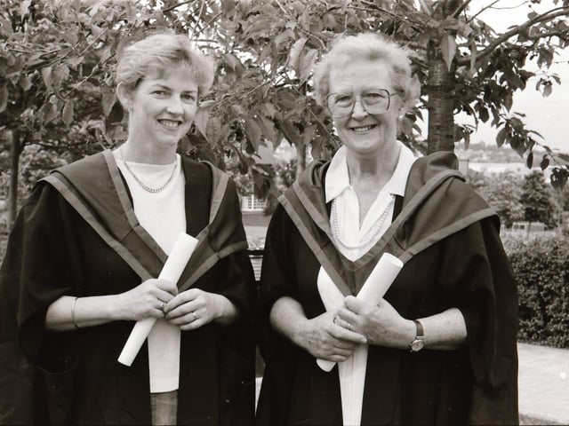 Photographs of students, professors, and proud parents during the Magee graduations in June 1995.