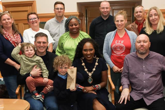 Mayor Lilian Seenoi Barr who held a reception for members of the United Against Racism (Derry) in the Mayor's Parlour. Seated on the left is Colr. Shaun Harkin. (Photo - Tom Heaney, nwpresspics)