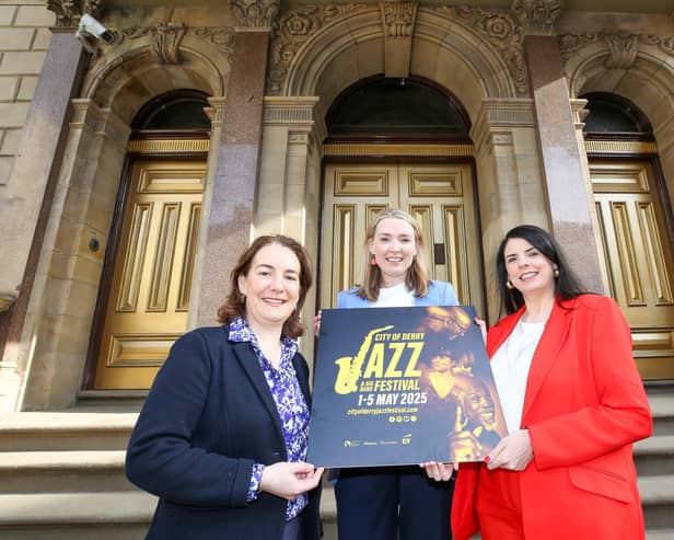 Pictured launching the EY Jazz Lounge are Aoife Warren, EY UKI Consulting Partner, Aeidin McCarter, Head of Culture with Derry City and Strabane District Council, and St Columb’s Hall Project Director, Anne Marie Gallagher. (Photo: Lorcan Doherty)