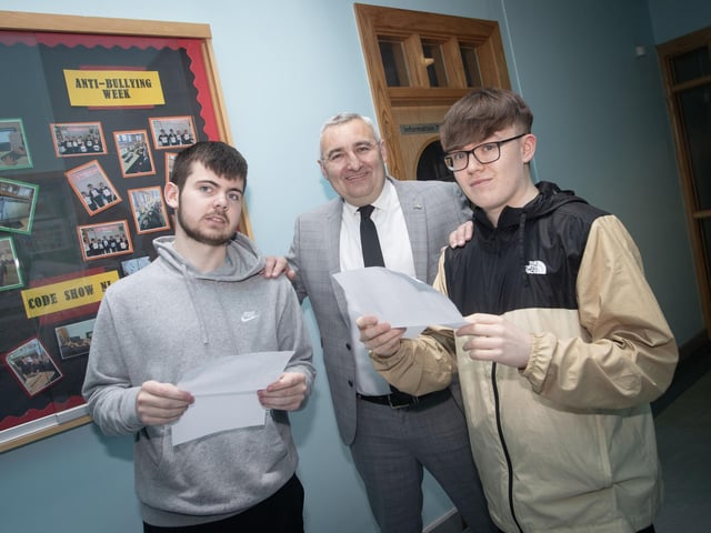 Mr. Beattie with Ethan Shiels and Tiernan McElhinney after they received their A Level results on Thursday at St. Joseph's.