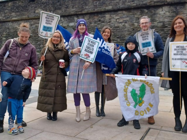 Staff from Gaelscoil na Daróige and supporters at the strike rally on Tuesday.