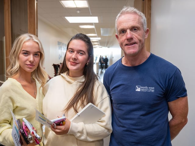 Dearbhla McDaid, Emily Campbell with Gerard Faulkner NWRC Springtown Campus Manager at Freshers' day.  : .