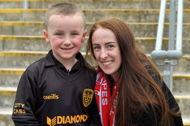 Smiling Derry City fans at the Brandywell for the game against UCD on Friday evening last. Photo: George Sweeney.  DER2320GS – 115