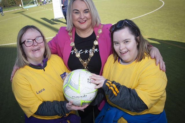 The Mayor of Derry City and Strabane District Council, Sandra Duffy pictured with Foyle Down Syndrome Trust’s players Laura and Lisa on Friday last.