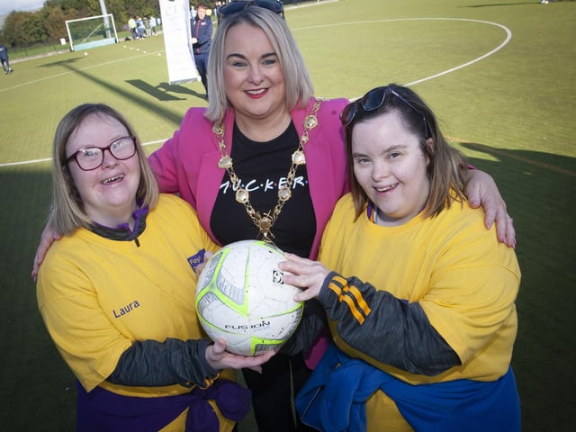 The Mayor of Derry City and Strabane District Council, Sandra Duffy pictured with Foyle Down Syndrome Trust’s players Laura and Lisa on Friday last.