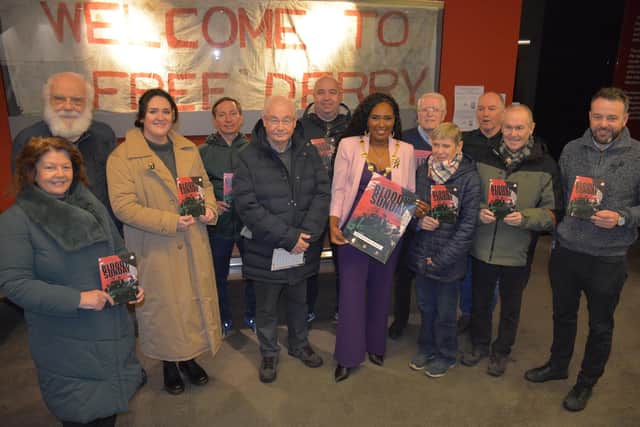 Pictured are relatives and representatives from the Bloody Sunday Trust and Museum of Free Derry with Mayor Lilian Seenoi Barr and other local politicians at the launch.
