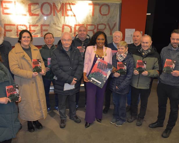 Pictured are relatives and representatives from the Bloody Sunday Trust and Museum of Free Derry with Mayor Lilian Seenoi Barr and other local politicians at the launch.