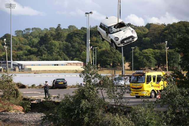 General view of the car park at the River Faughan at Drumahoe, Derry after the severe storms of August 2017. Photo by Kelvin Boyes  / Press Eye.