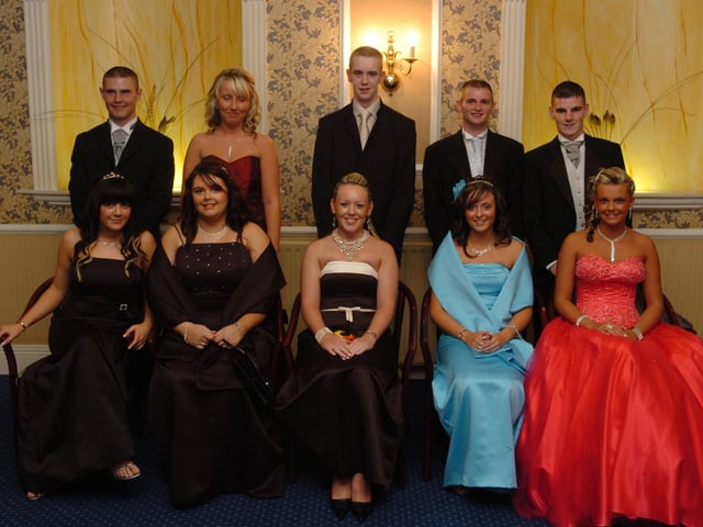 Group pictured at St Mary's College Formal at the Broomhill Hotel. Included, seated from left, are Edel McPhillips, Cathy Donahoe, Laura Collins, Mary Meehan and Natalie Donnelly. Back from let, are Shane McCay, Tracey Hagan, John Anderson, tony Dalzell and Andy Robinson. (1110A02)
